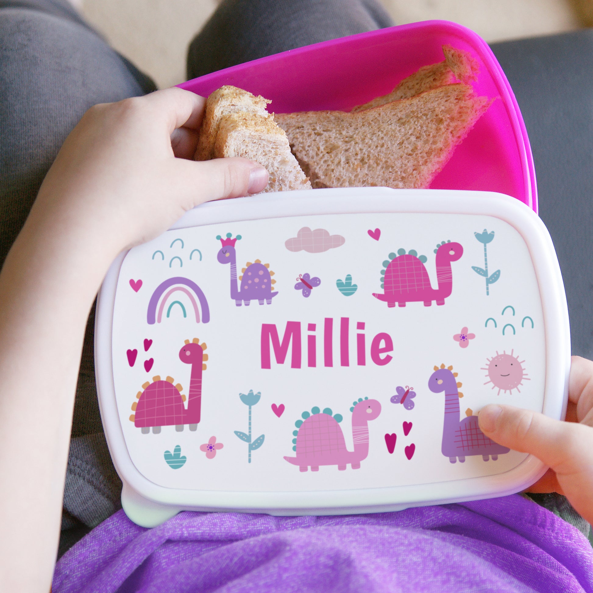 Personalised Girly Dinosaurs Name Only Pink Lunch Box - MK&JD Gifts