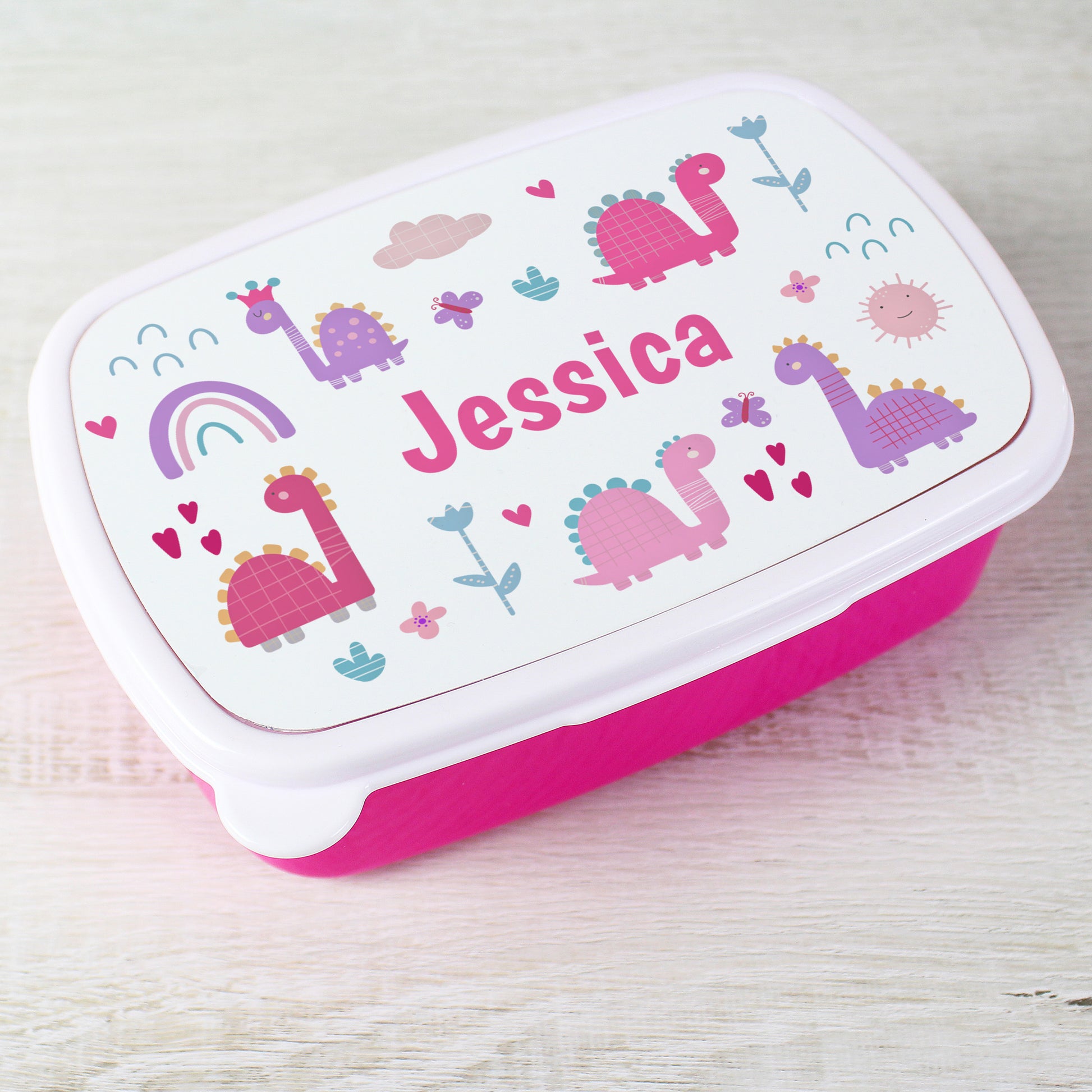 Personalised Girly Dinosaurs Name Only Pink Lunch Box - MK&JD Gifts