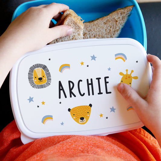 Personalised Safari Animals Name Only Blue Lunch Box - MK&JD Gifts