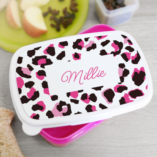 Personalised Leopard Print Name Only Pink Lunch Box - MK&JD Gifts