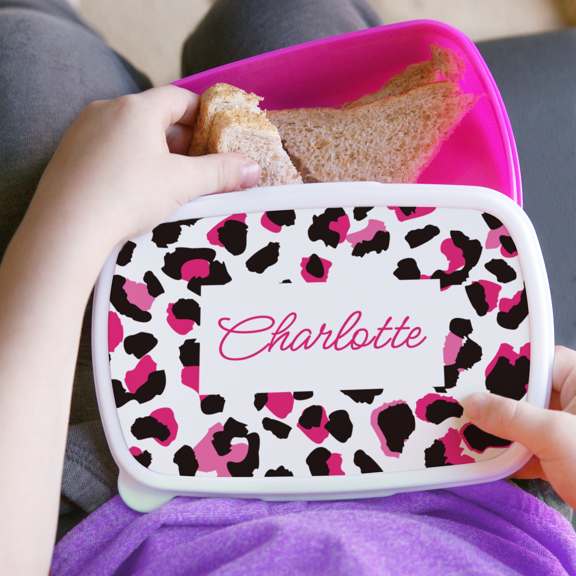 Personalised Leopard Print Name Only Pink Lunch Box - MK&JD Gifts