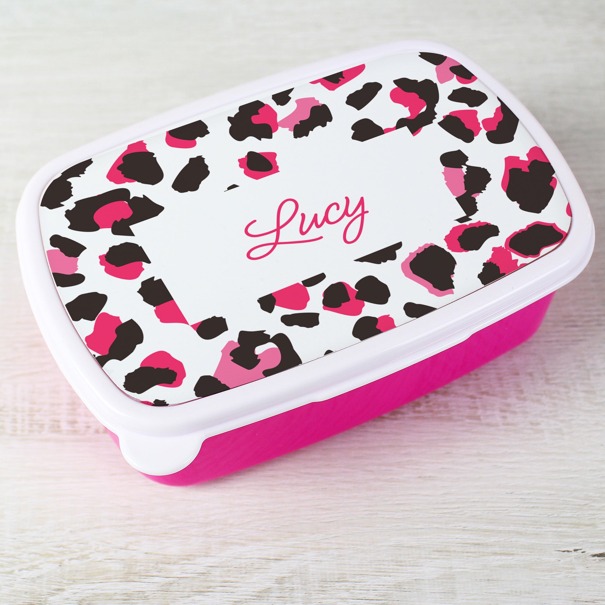Personalised Leopard Print Name Only Pink Lunch Box - MK&JD Gifts