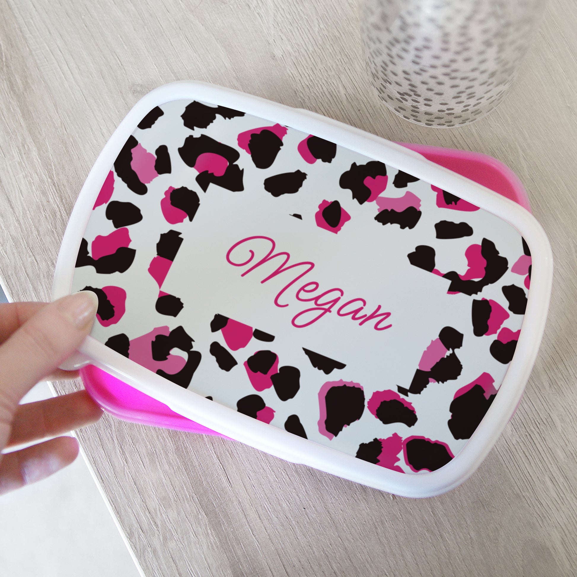 Personalised Leopard Print Name Only Pink Lunch Box - MK&JD Gifts