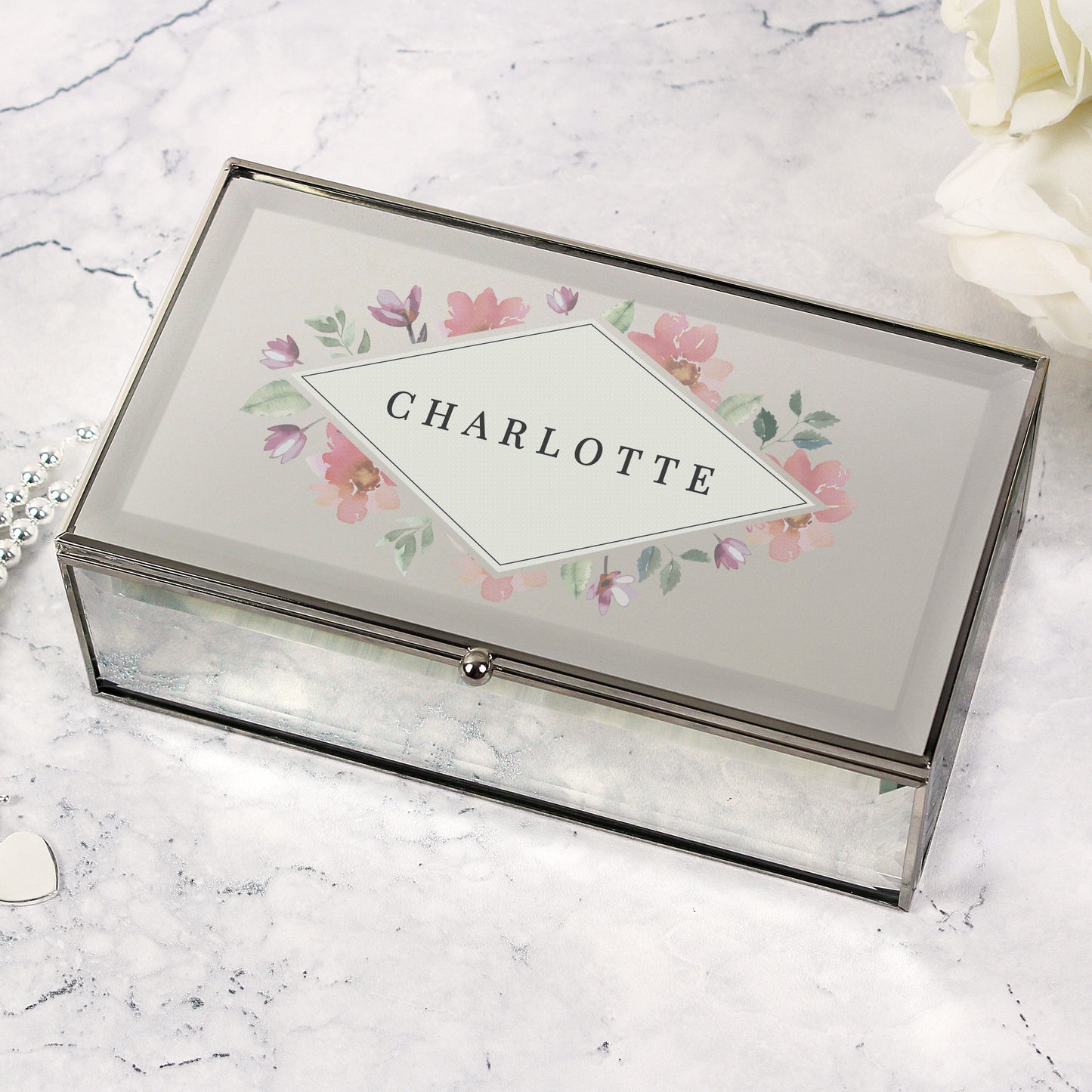 Personalised Floral Watercolour Mirrored Jewellery Box - MK&JD Gifts