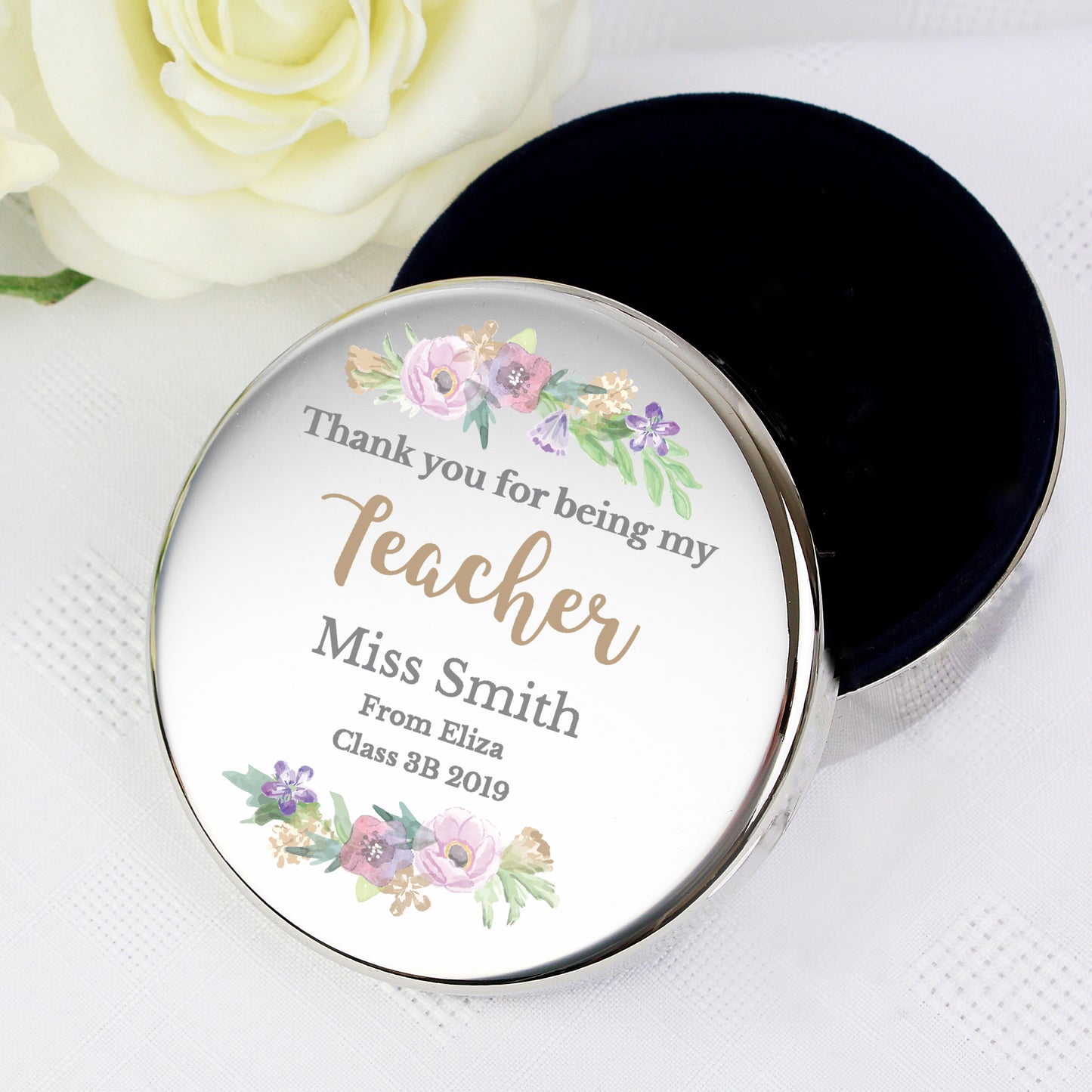 Personalised Floral Watercolour Round Trinket Box - MK&JD Gifts
