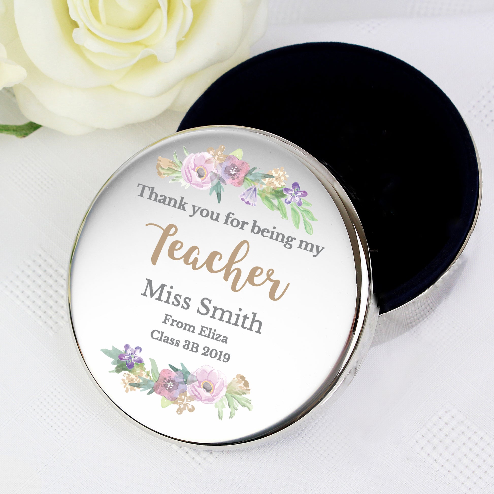 Personalised Floral Watercolour Round Trinket Box - MK&JD Gifts