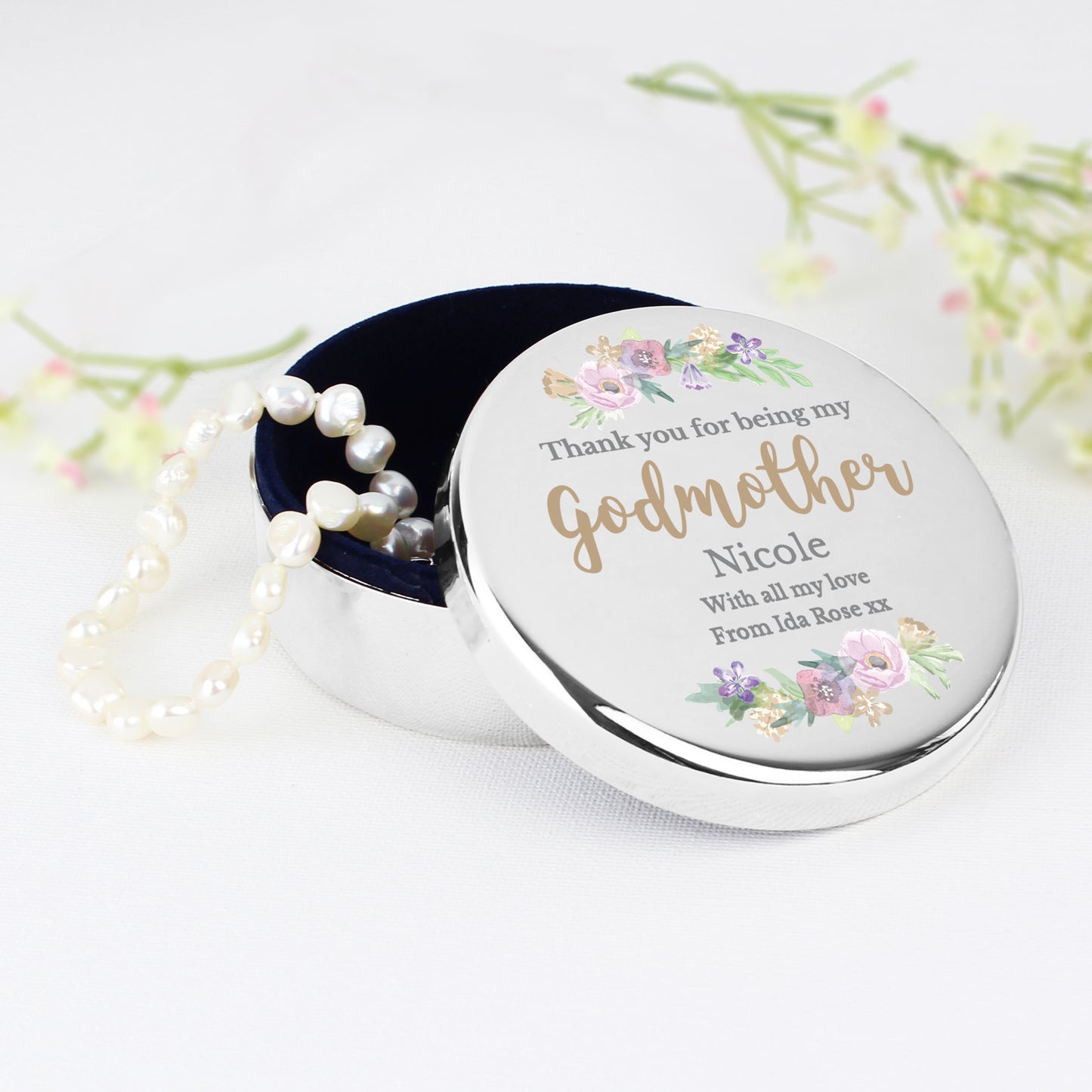 Personalised Godmother 'Floral Watercolour' Round Trinket Box - MK&JD Gifts
