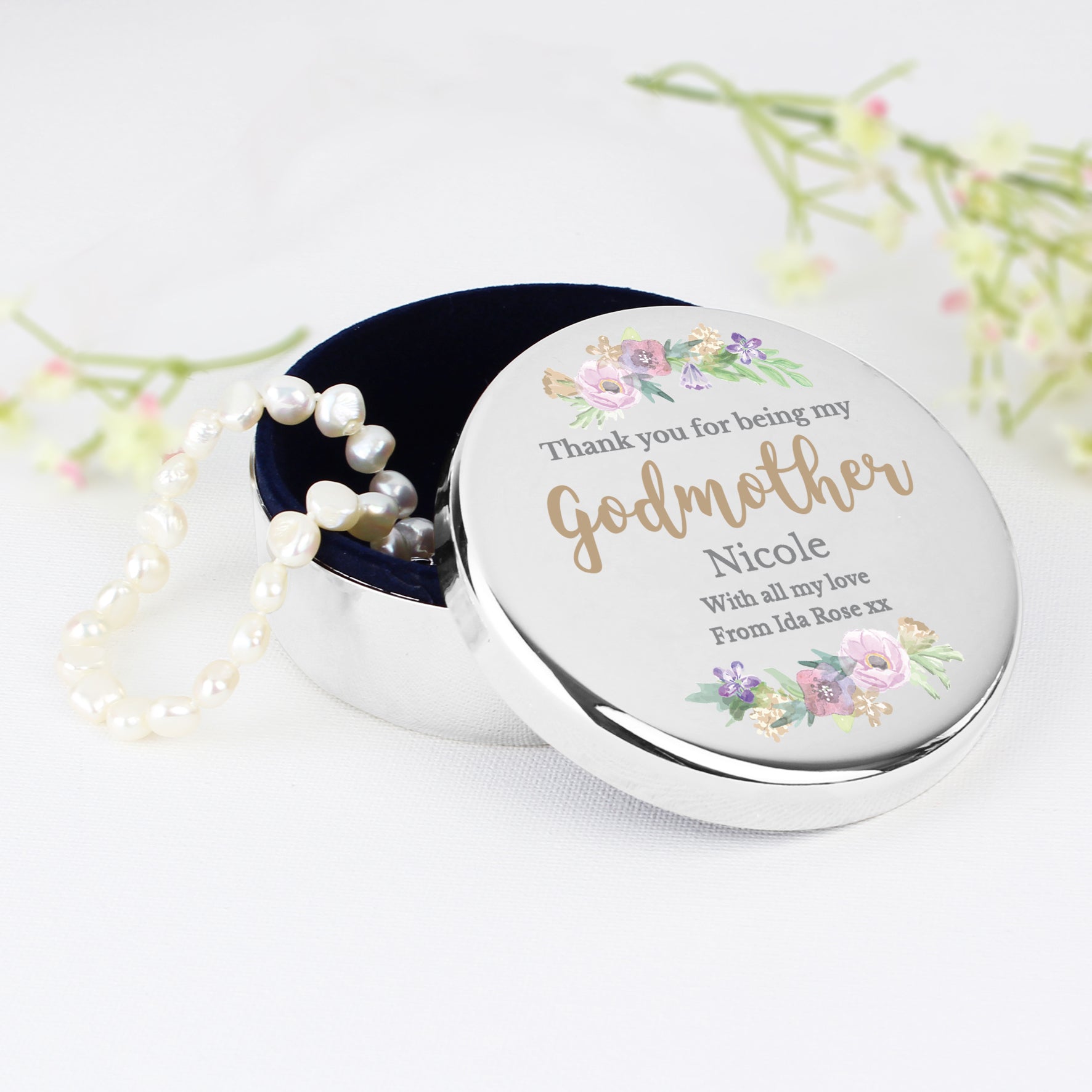 Personalised Godmother 'Floral Watercolour' Round Trinket Box - MK&JD Gifts