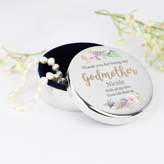 Personalised Godmother 'Floral Watercolour' Round Trinket Box - MK&JD Gifts