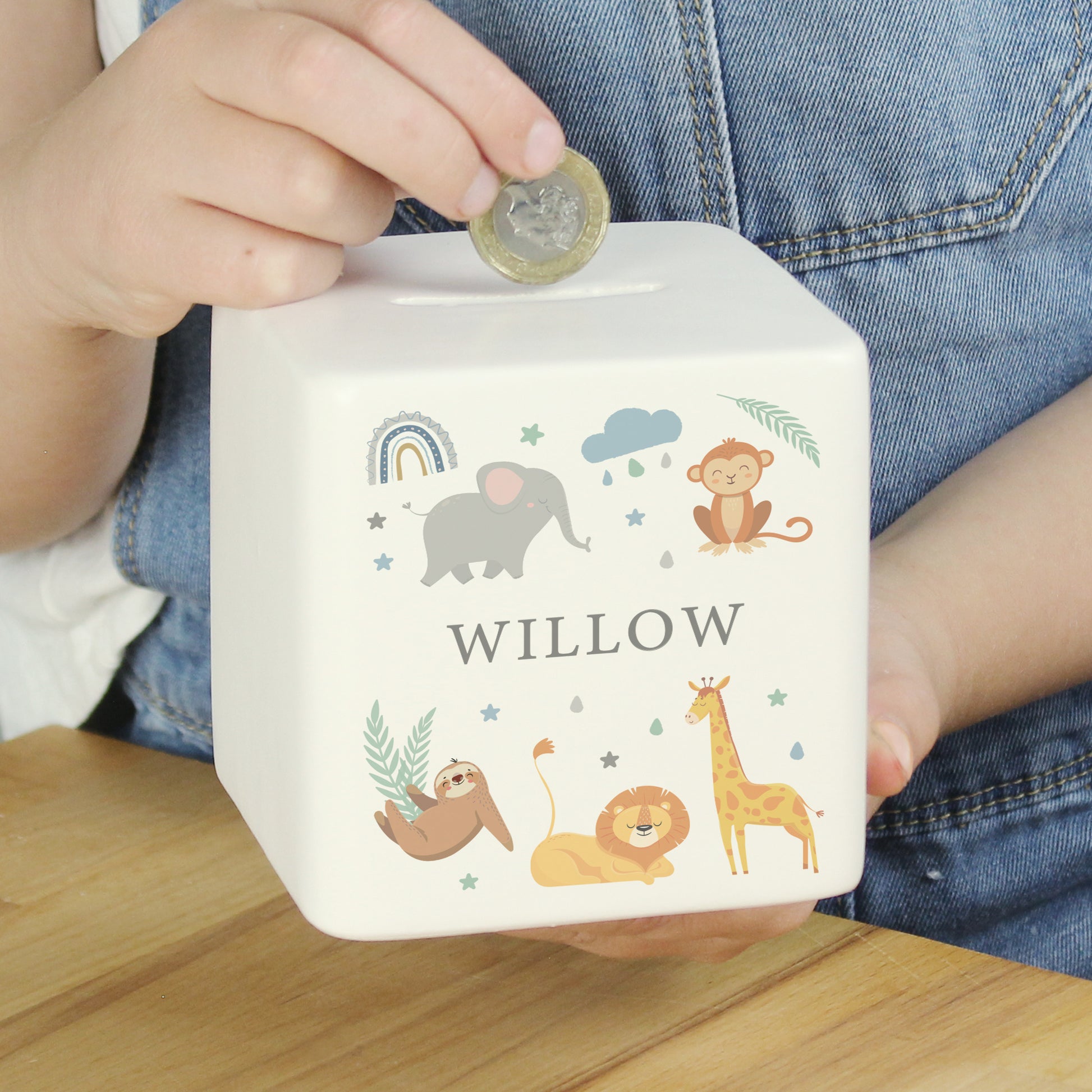 Personalised Safari Animals Ceramic Square Money Box - MK&JD Gifts