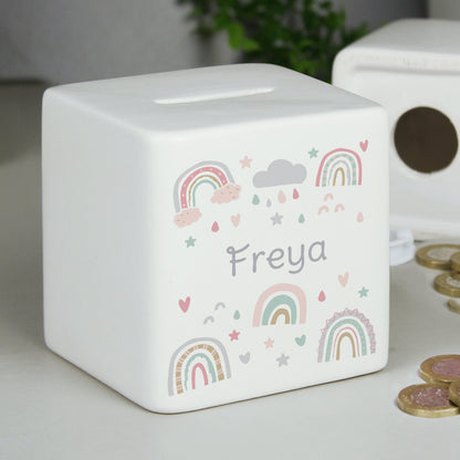 Personalised Rainbow Ceramic Square Money Box - MK&JD Gifts