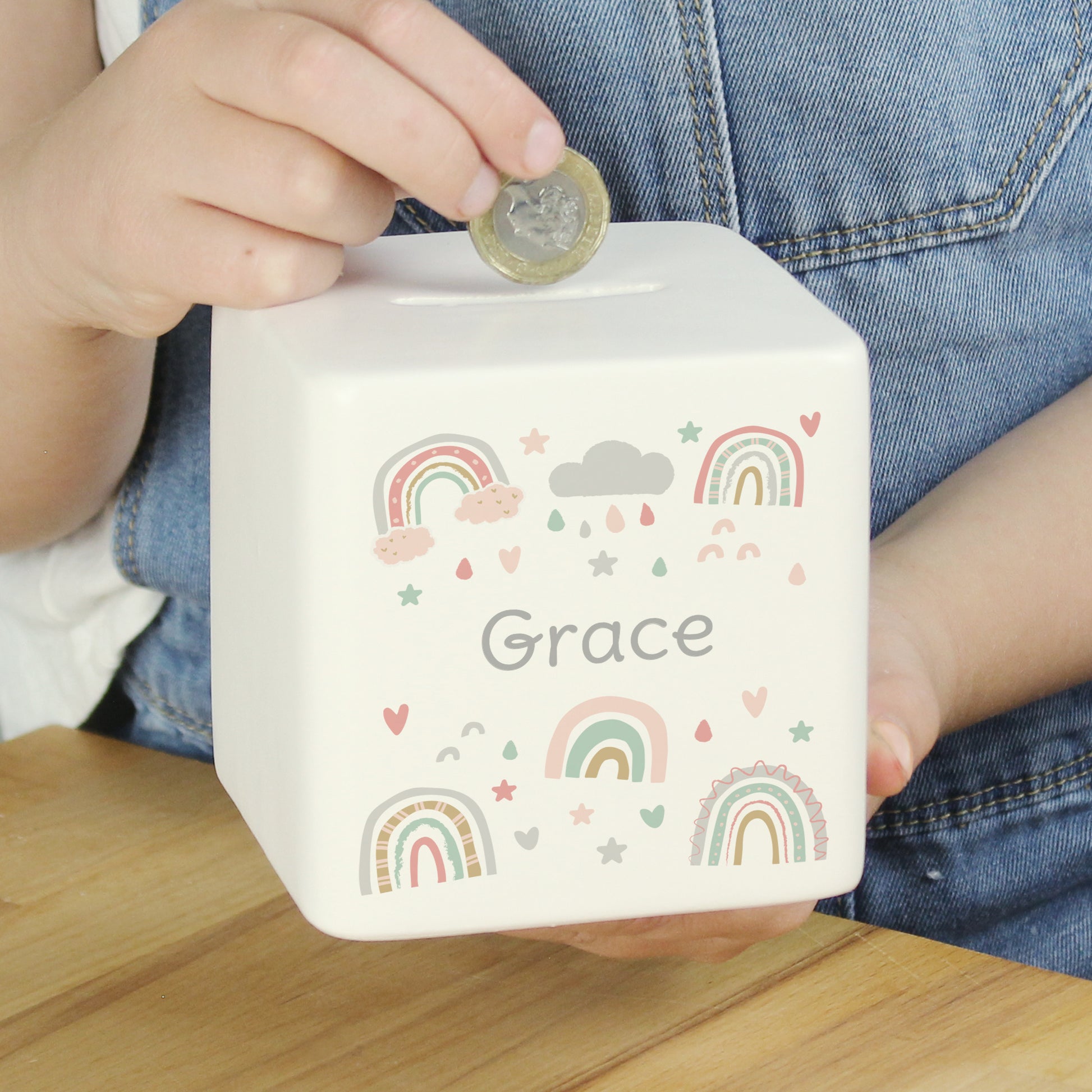 Personalised Rainbow Ceramic Square Money Box - MK&JD Gifts