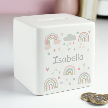 Personalised Rainbow Ceramic Square Money Box - MK&JD Gifts