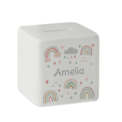 Personalised Rainbow Ceramic Square Money Box - MK&JD Gifts