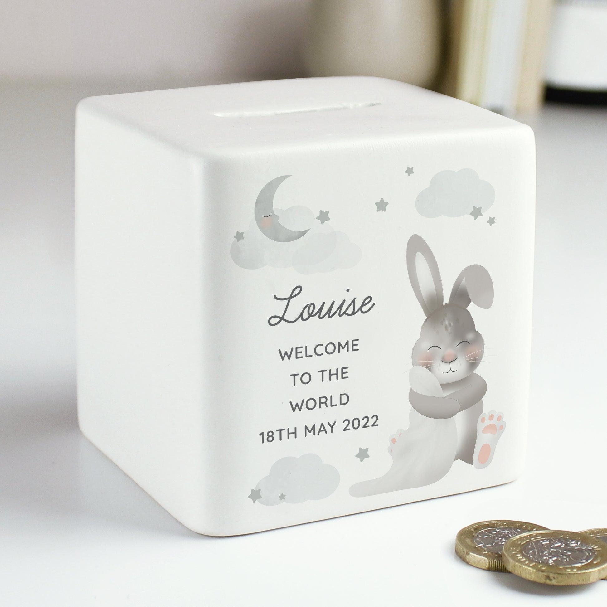 Personalised Baby Bunny Ceramic Square Money Box - MK&JD Gifts