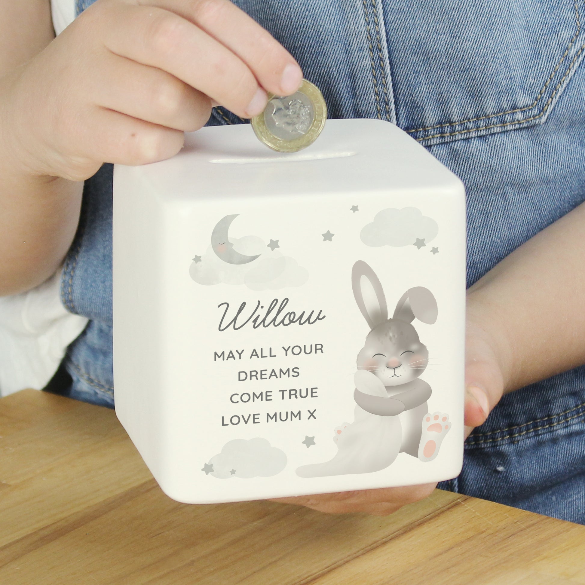 Personalised Baby Bunny Ceramic Square Money Box - MK&JD Gifts