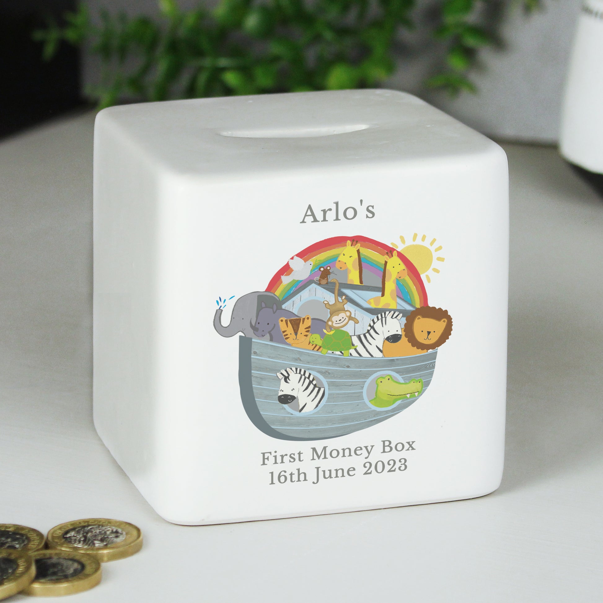 Personalised Noahs Ark Ceramic Square Money Box - MK&JD Gifts