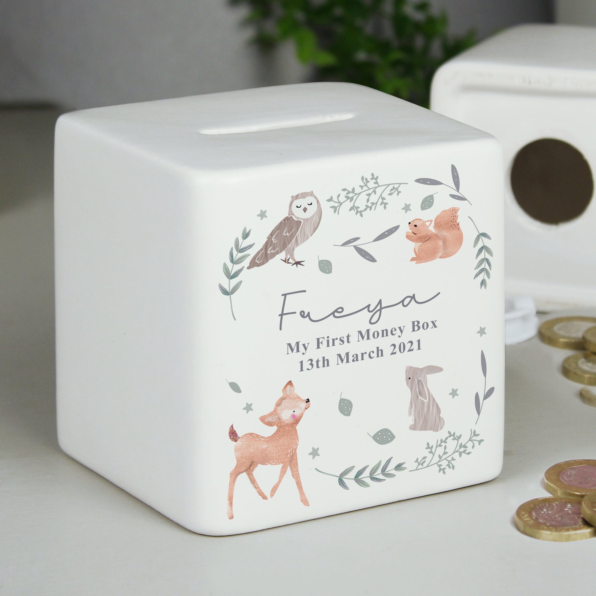 Personalised Woodland Animals Ceramic Square Money Box - MK&JD Gifts
