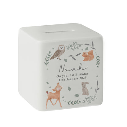 Personalised Woodland Animals Ceramic Square Money Box - MK&JD Gifts