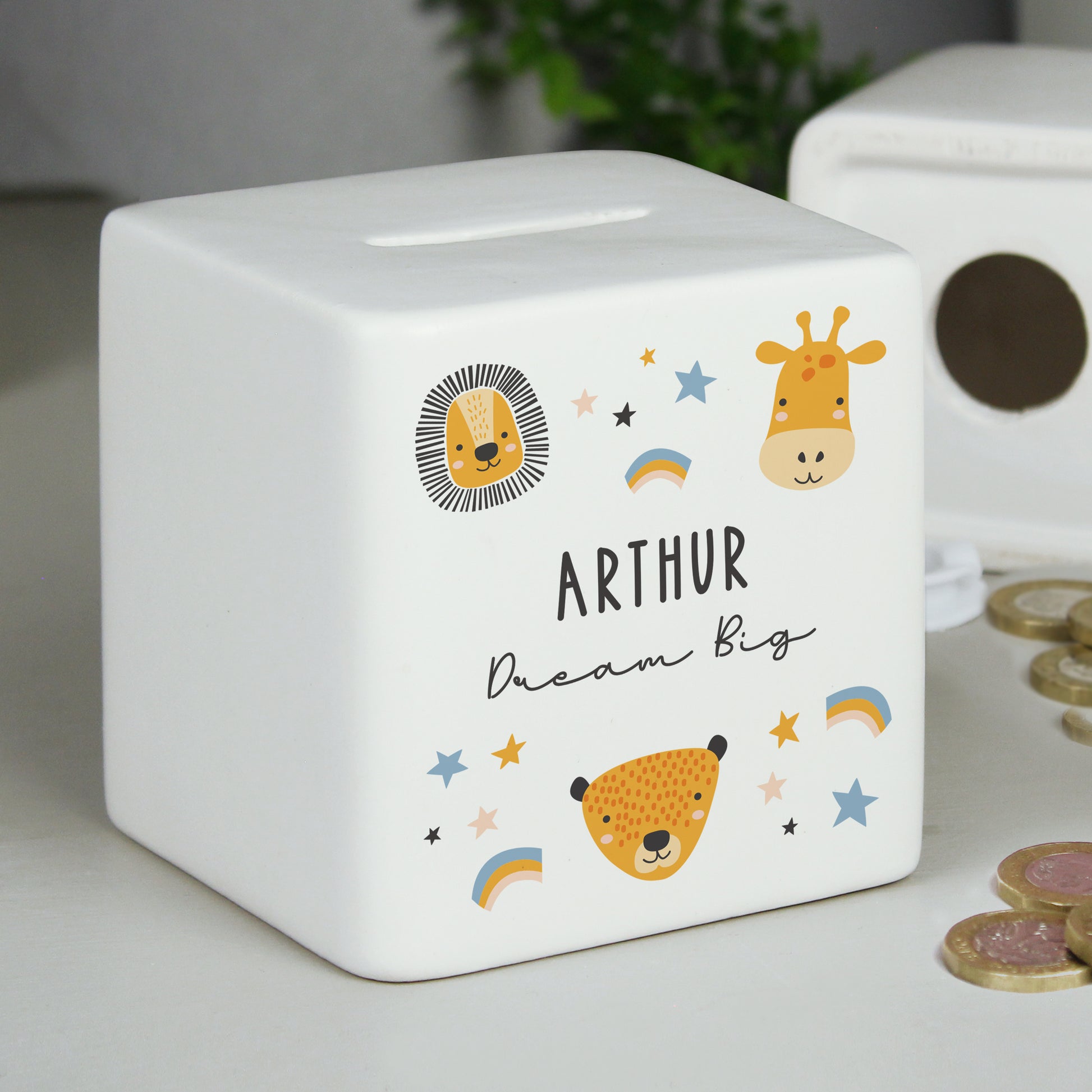 Personalised Scandi Safari Animals Ceramic Square Money Box - MK&JD Gifts
