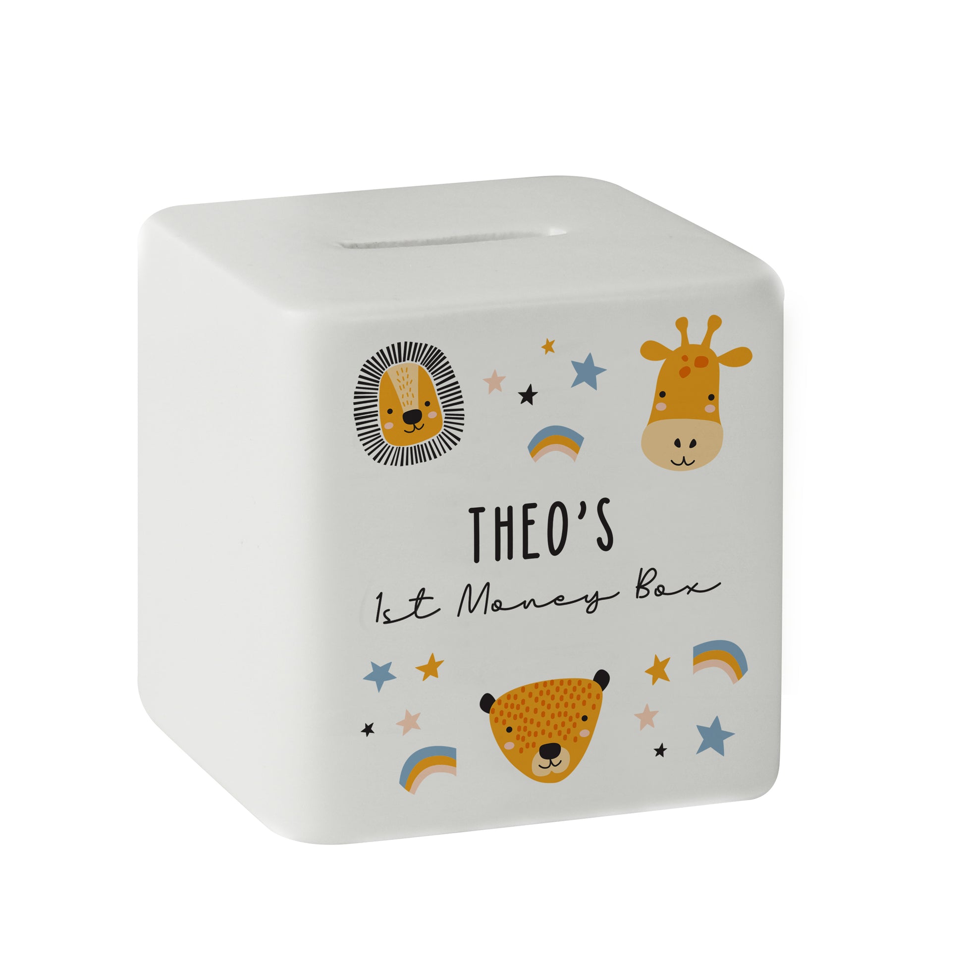 Personalised Scandi Safari Animals Ceramic Square Money Box - MK&JD Gifts