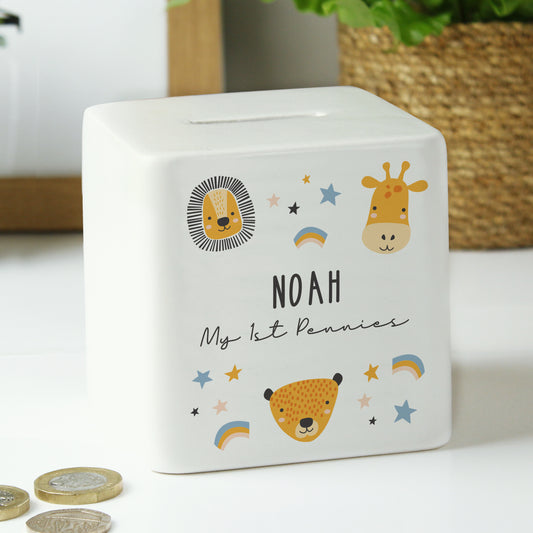 Personalised Scandi Safari Animals Ceramic Square Money Box - MK&JD Gifts