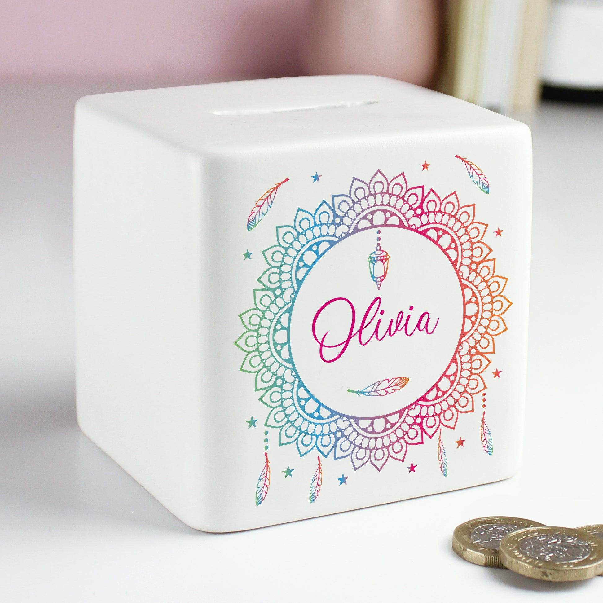 Personalised Dreamcatcher Ceramic Square Money Box - MK&JD Gifts