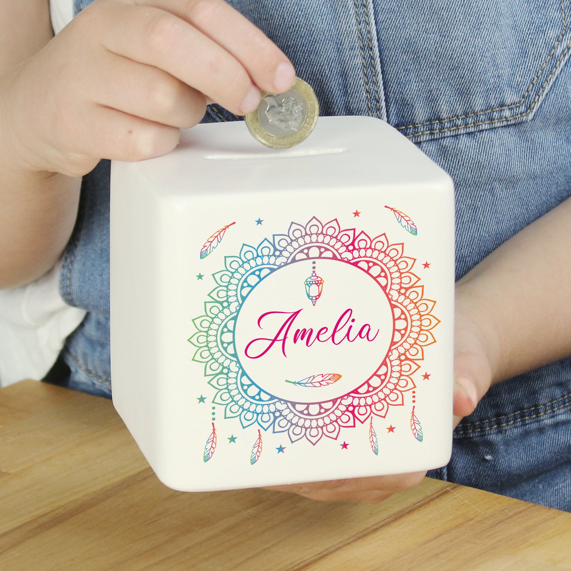 Personalised Dreamcatcher Ceramic Square Money Box - MK&JD Gifts