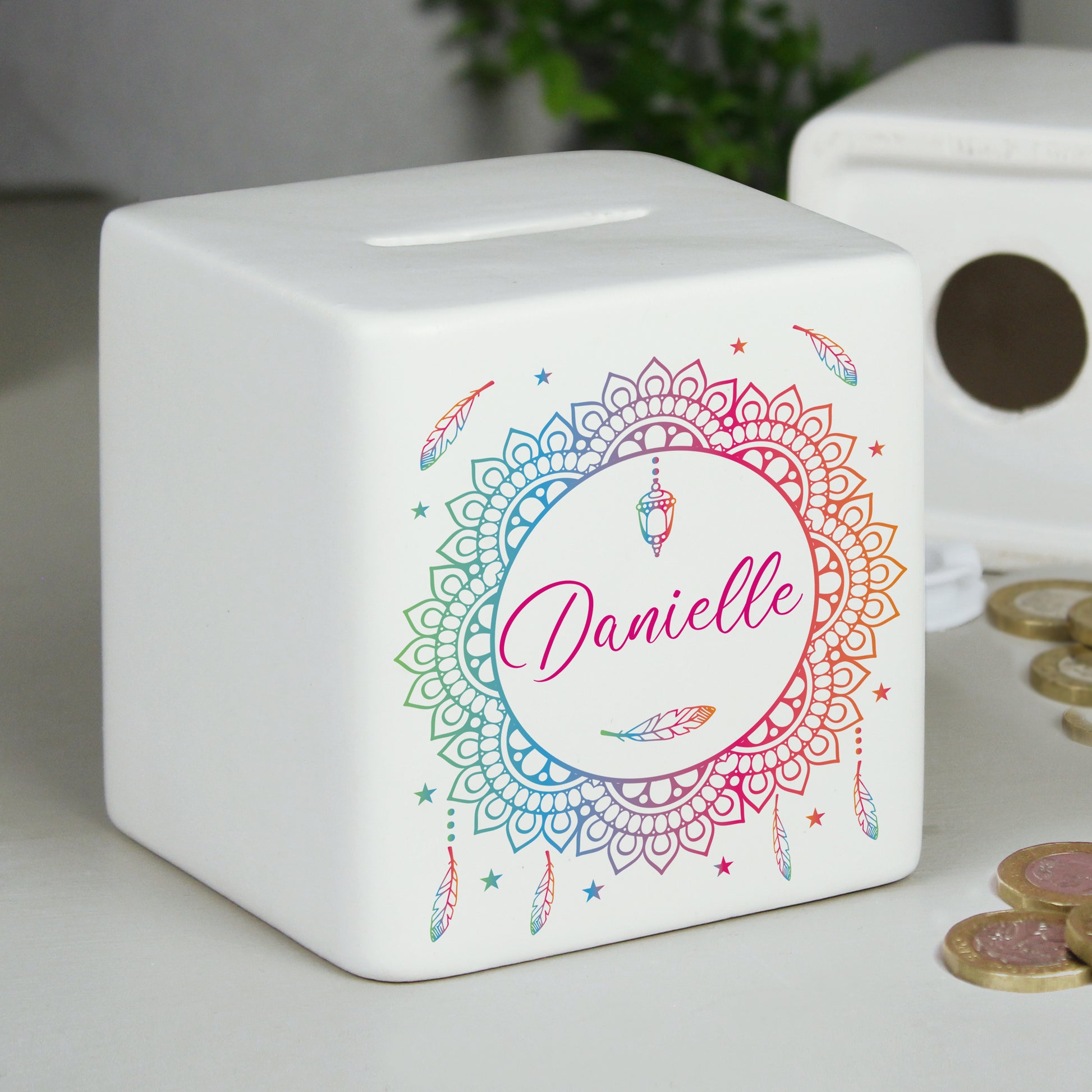 Personalised Dreamcatcher Ceramic Square Money Box - MK&JD Gifts