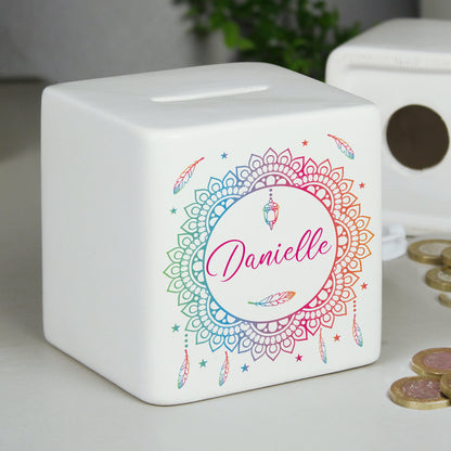 Personalised Dreamcatcher Ceramic Square Money Box - MK&JD Gifts