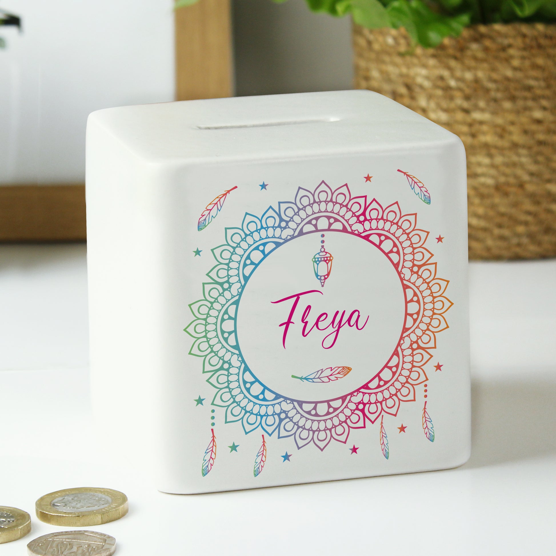 Personalised Dreamcatcher Ceramic Square Money Box - MK&JD Gifts