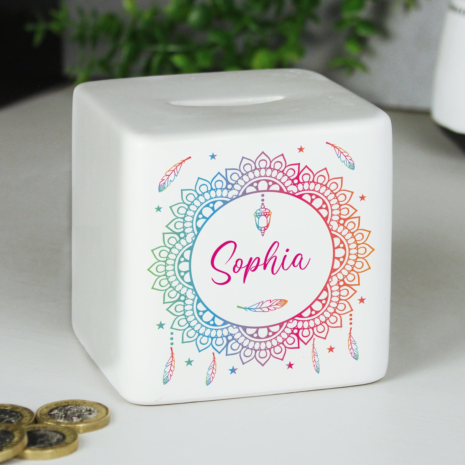 Personalised Dreamcatcher Ceramic Square Money Box - MK&JD Gifts