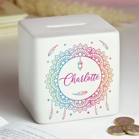 Personalised Dreamcatcher Ceramic Square Money Box - MK&JD Gifts