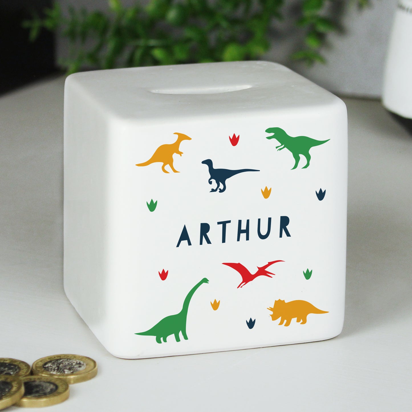 Personalised Dinosaur Ceramic Square Money Box - MK&JD Gifts