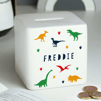 Personalised Dinosaur Ceramic Square Money Box - MK&JD Gifts