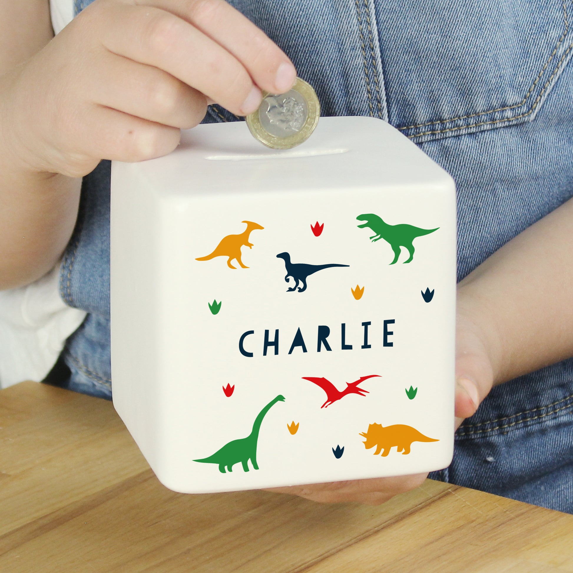 Personalised Dinosaur Ceramic Square Money Box - MK&JD Gifts