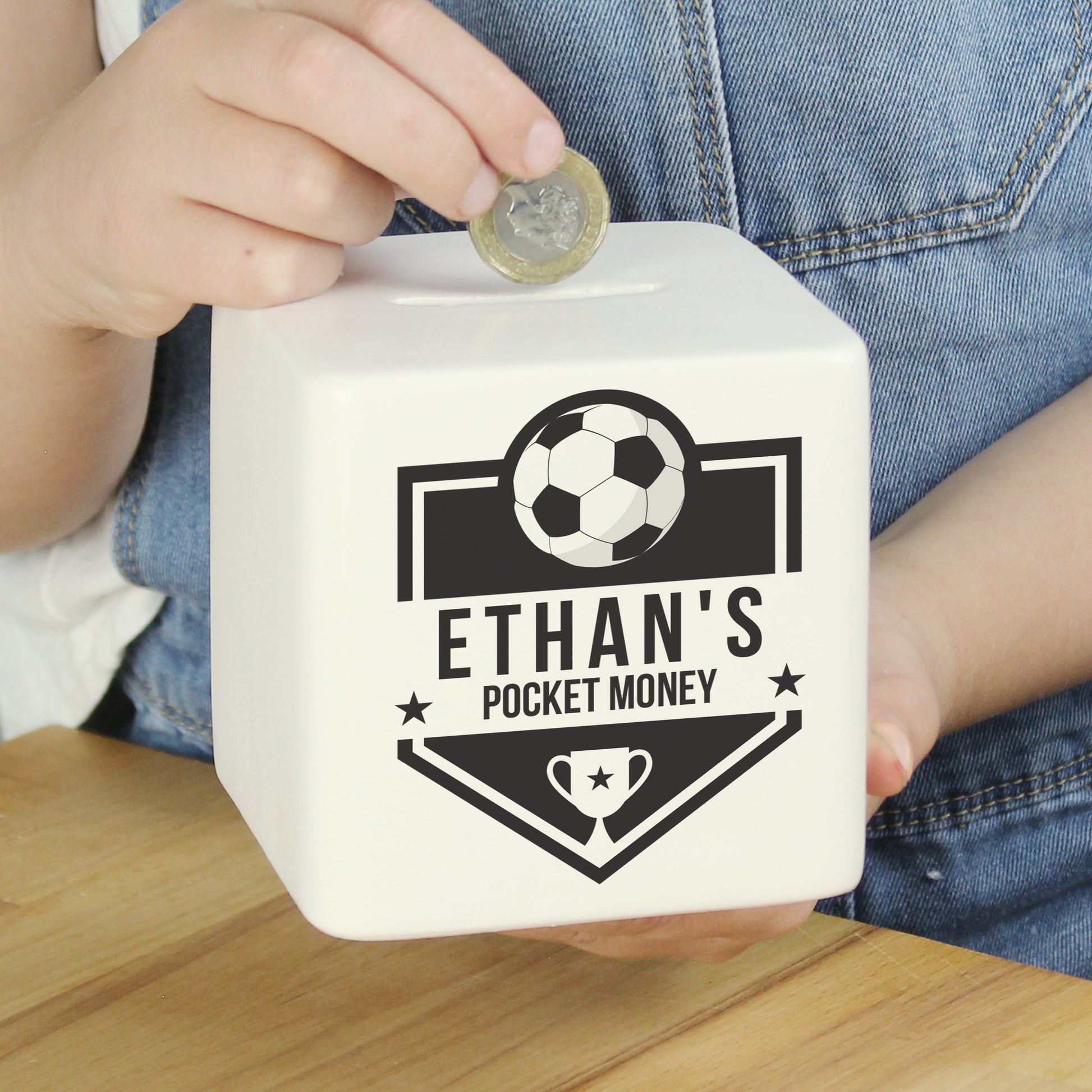 Personalised Football Badge Ceramic Square Money Box - MK&JD Gifts