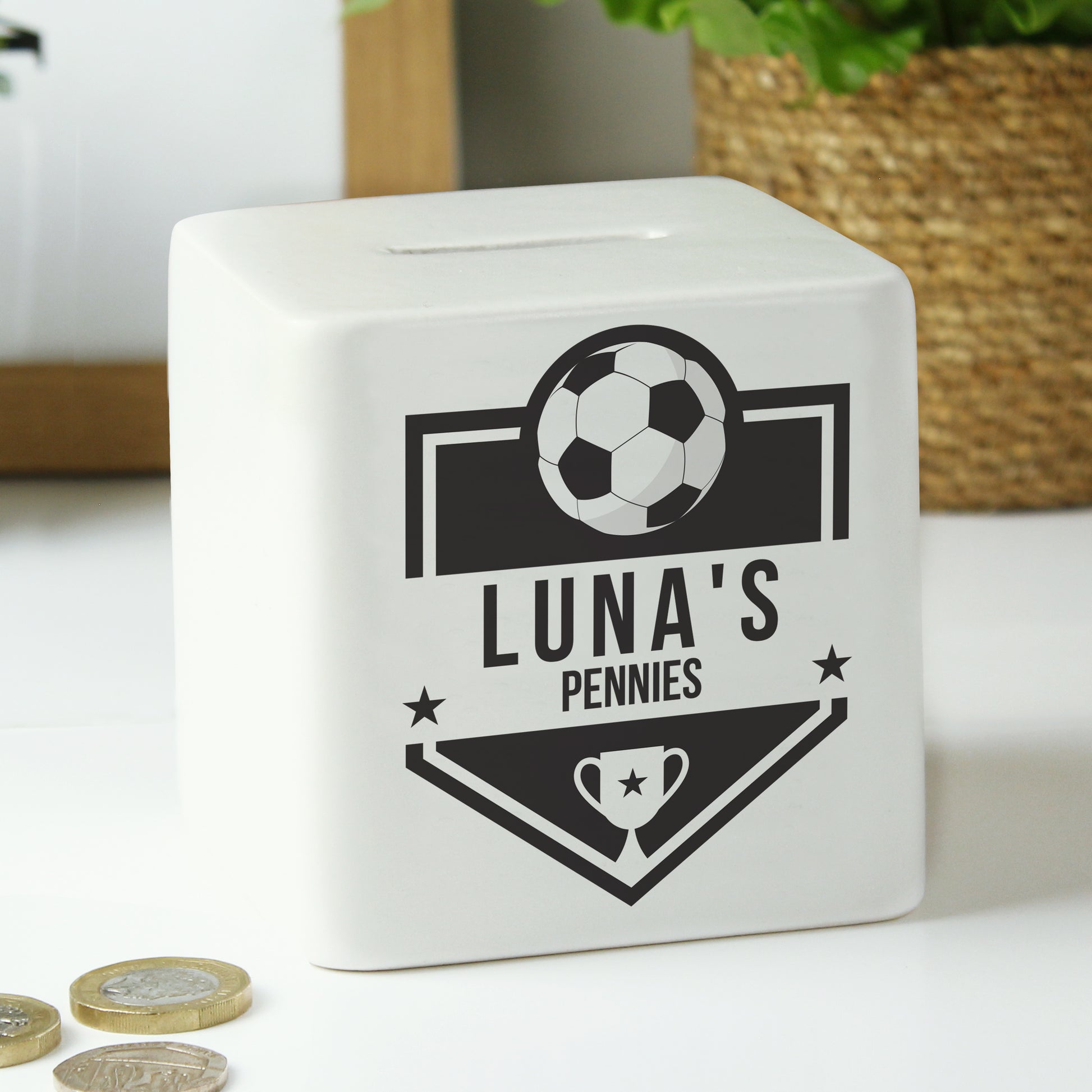 Personalised Football Badge Ceramic Square Money Box - MK&JD Gifts