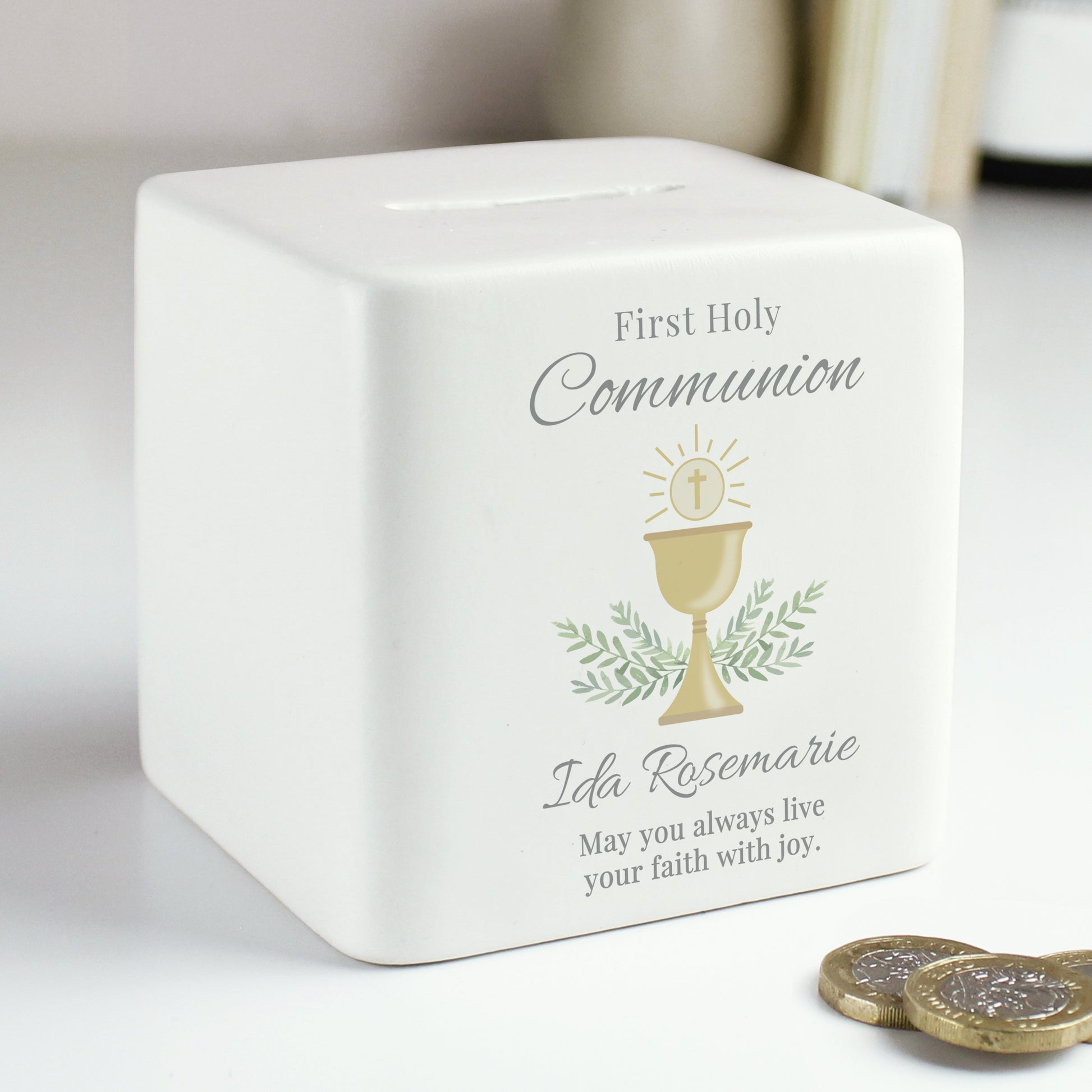 Personalised First Holy Communion Ceramic Square Money Box - MK&JD Gifts