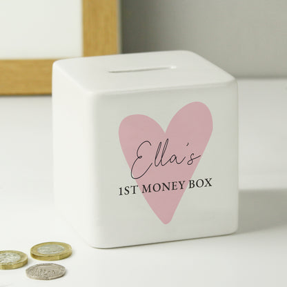 Personalised Pink Heart Ceramic Square Money Box - MK&JD Gifts