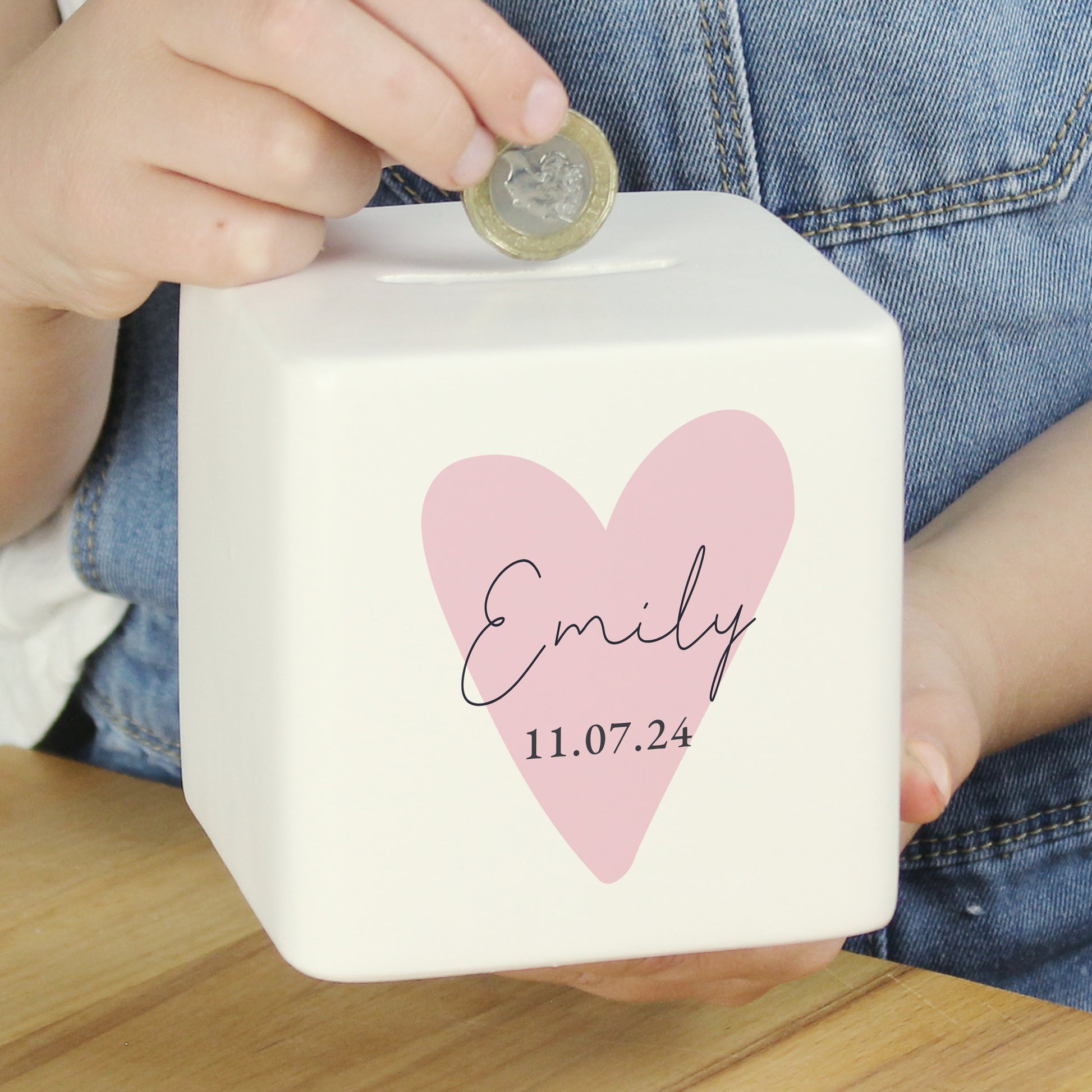 Personalised Pink Heart Ceramic Square Money Box - MK&JD Gifts