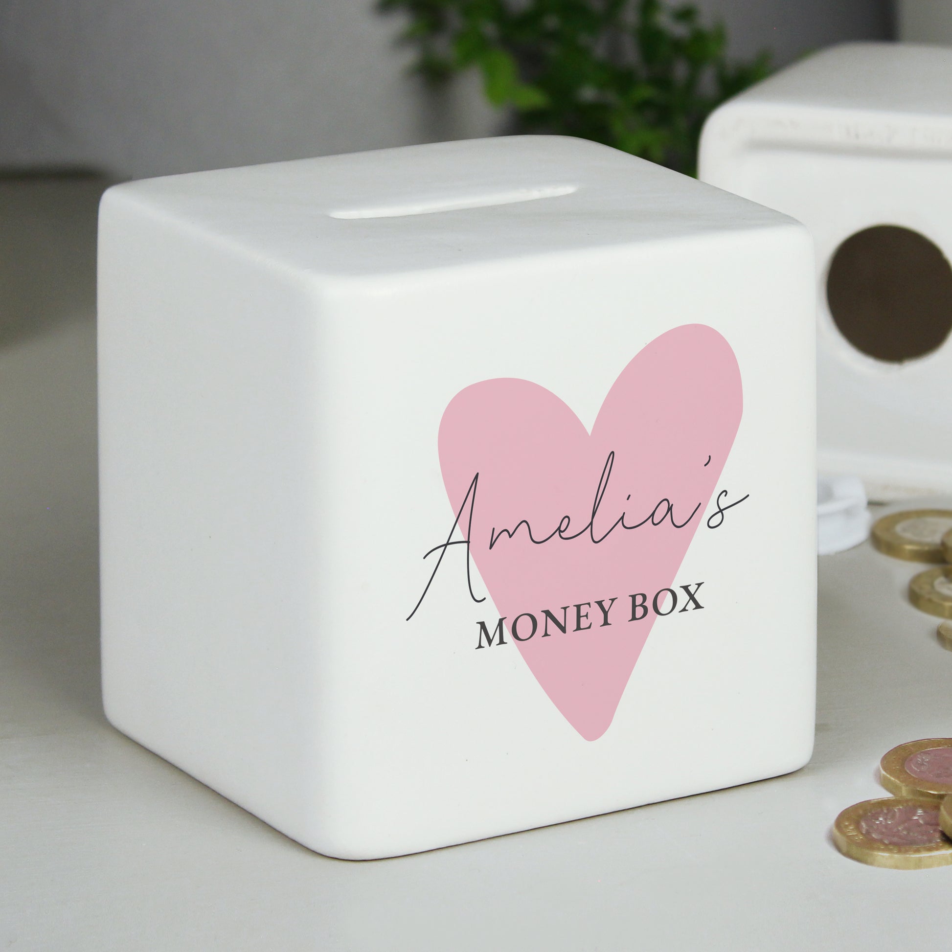 Personalised Pink Heart Ceramic Square Money Box - MK&JD Gifts