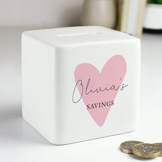 Personalised Pink Heart Ceramic Square Money Box - MK&JD Gifts