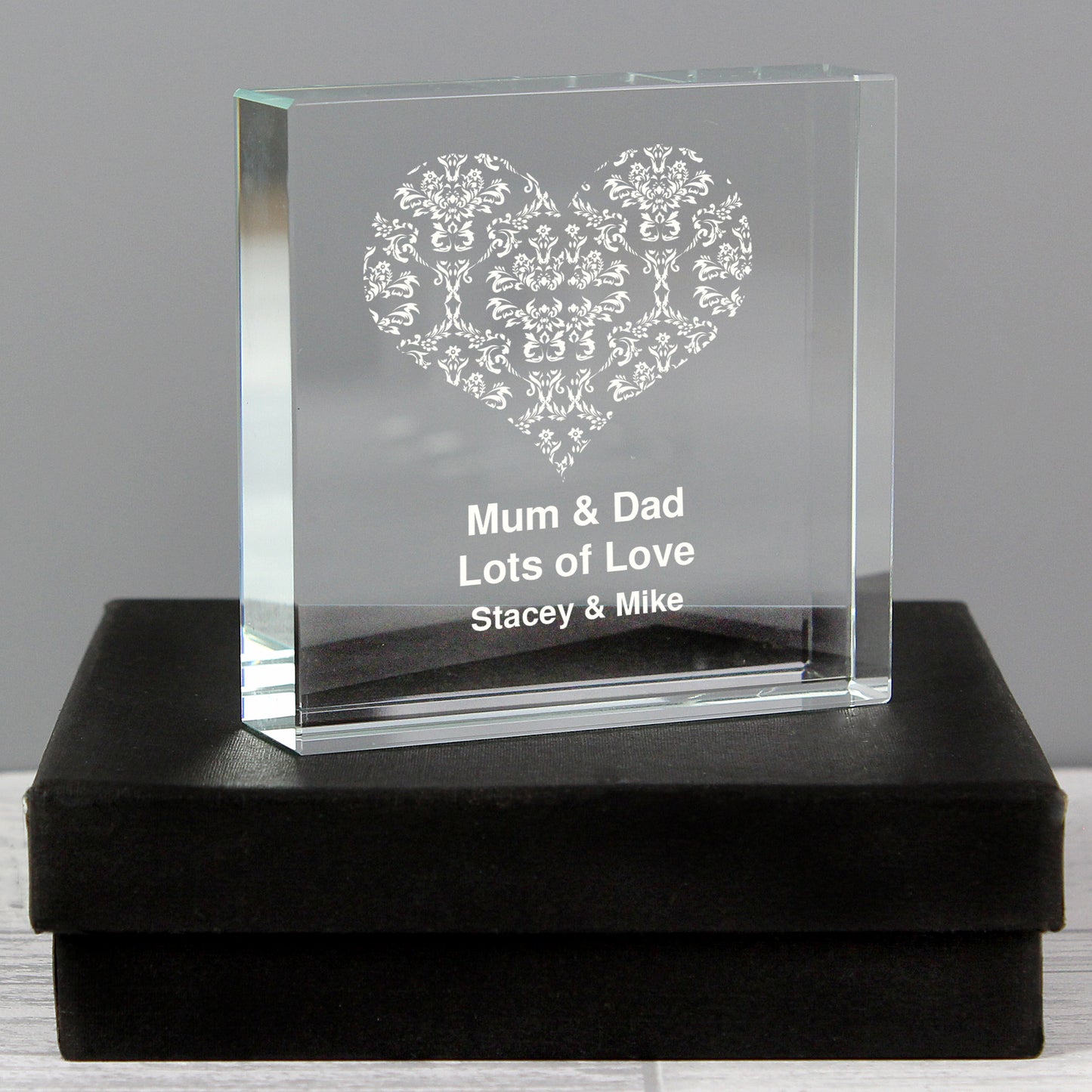 Personalised Damask White Heart Crystal Token - MK&JD Gifts