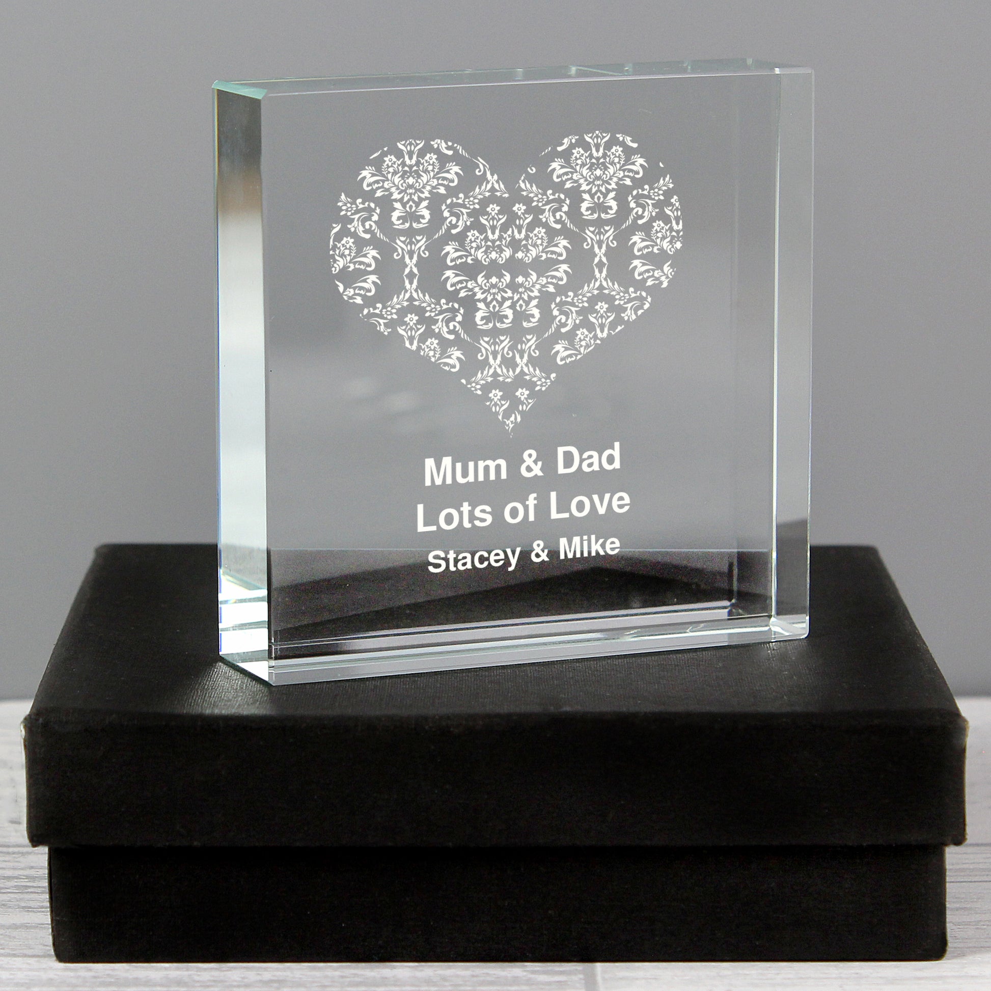 Personalised Damask White Heart Crystal Token - MK&JD Gifts