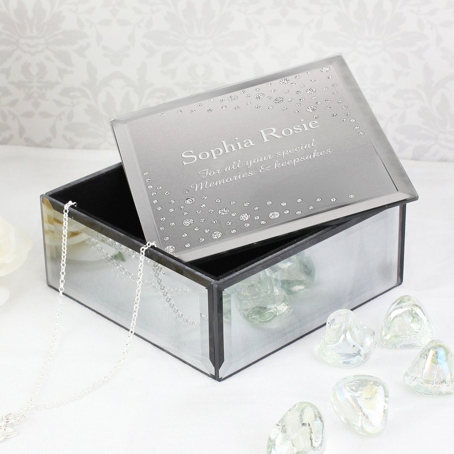 Personalised Diamante Name & Message Glass Trinket Box - MK&JD Gifts