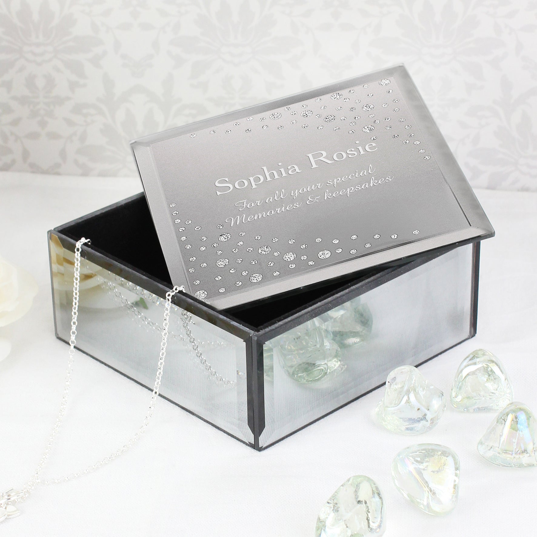 Personalised Diamante Name & Message Glass Trinket Box - MK&JD Gifts