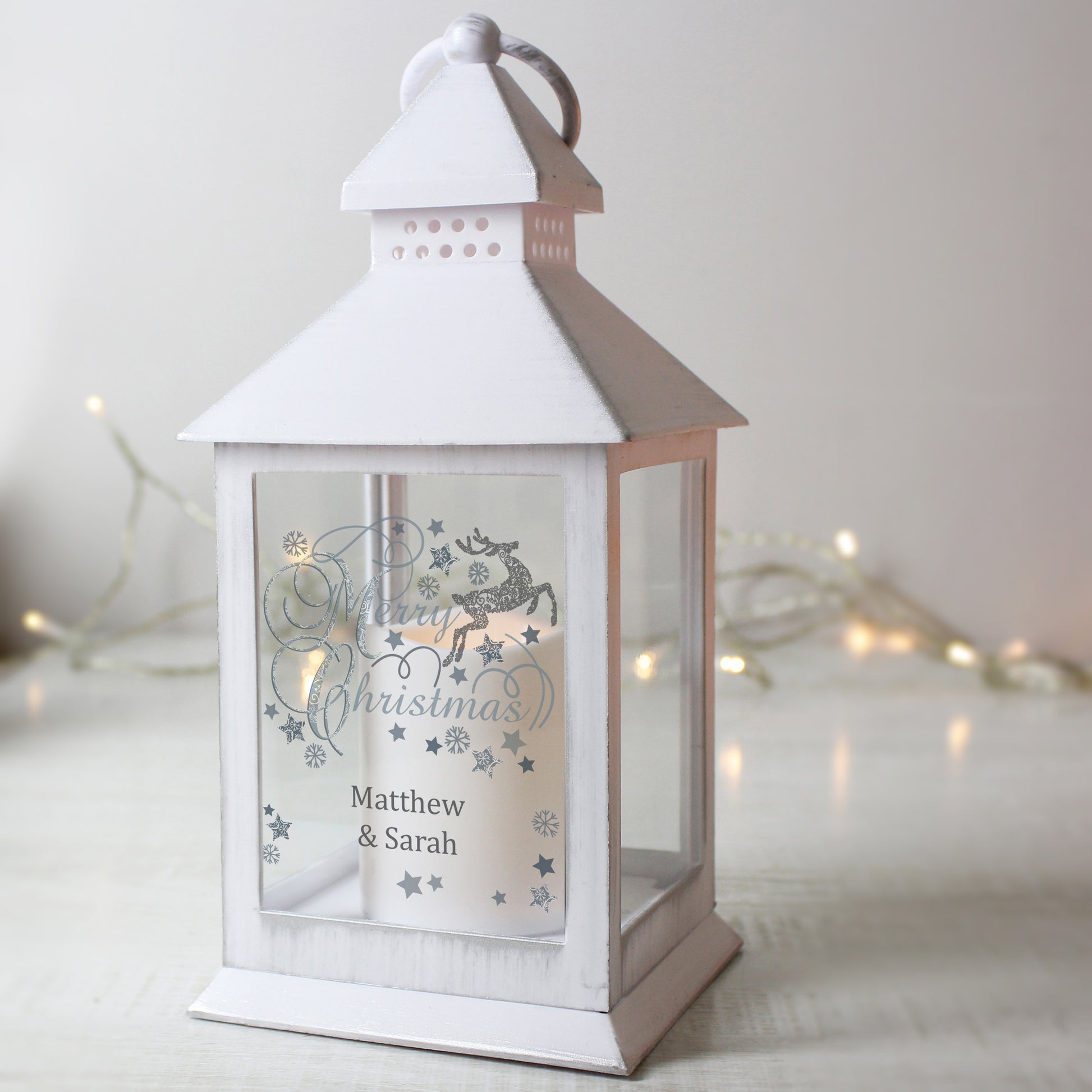 Personalised Silver Reindeer White Lantern - MK&JD Gifts