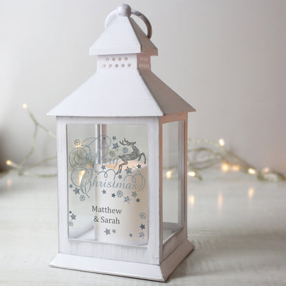 Personalised Silver Reindeer White Lantern - MK&JD Gifts