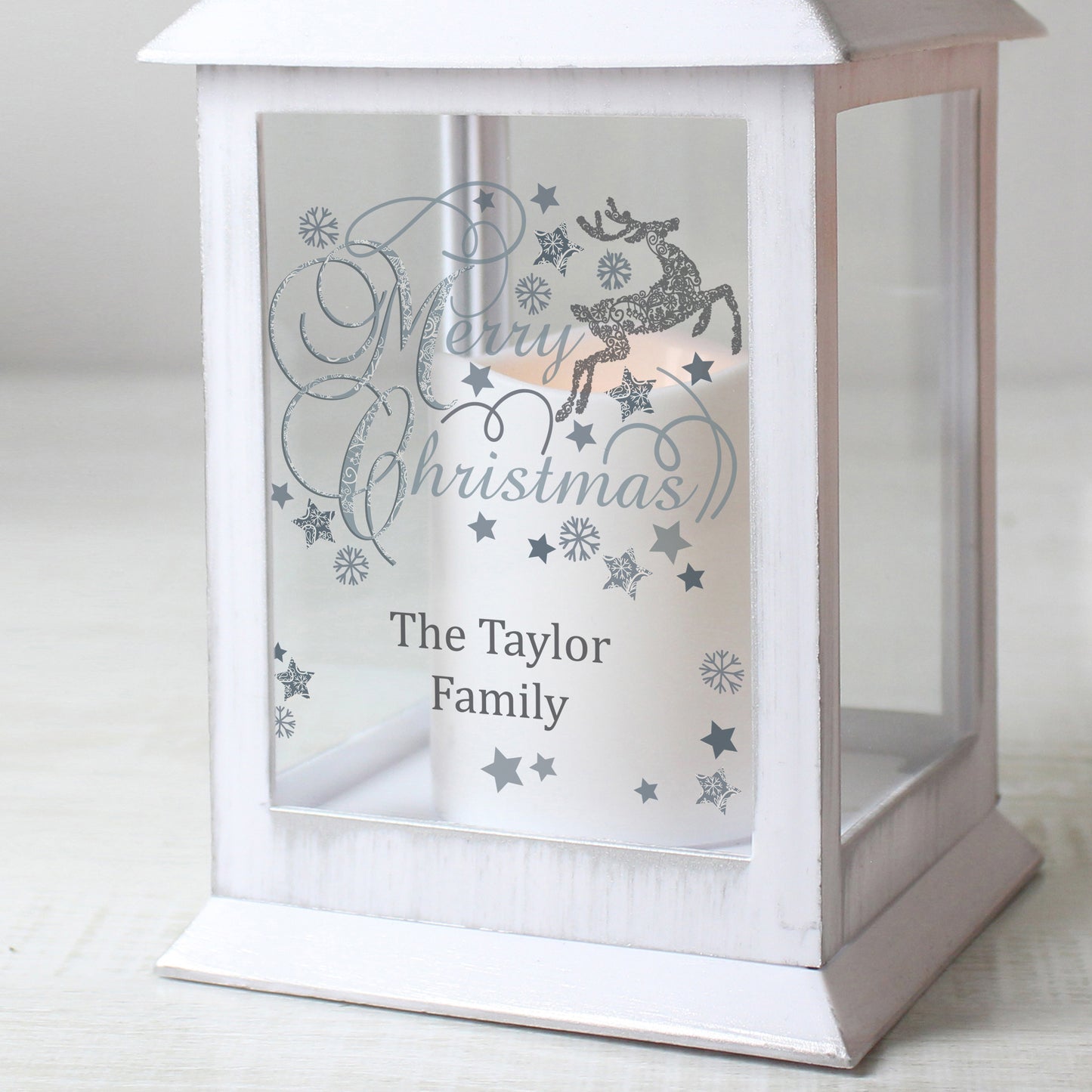 Personalised Silver Reindeer White Lantern - MK&JD Gifts